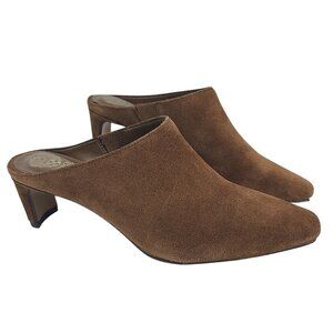 NEW Vince Camuto Alexie Reishi Suede Heeled Mules Size 6.5M Brown Slip-On Shoes